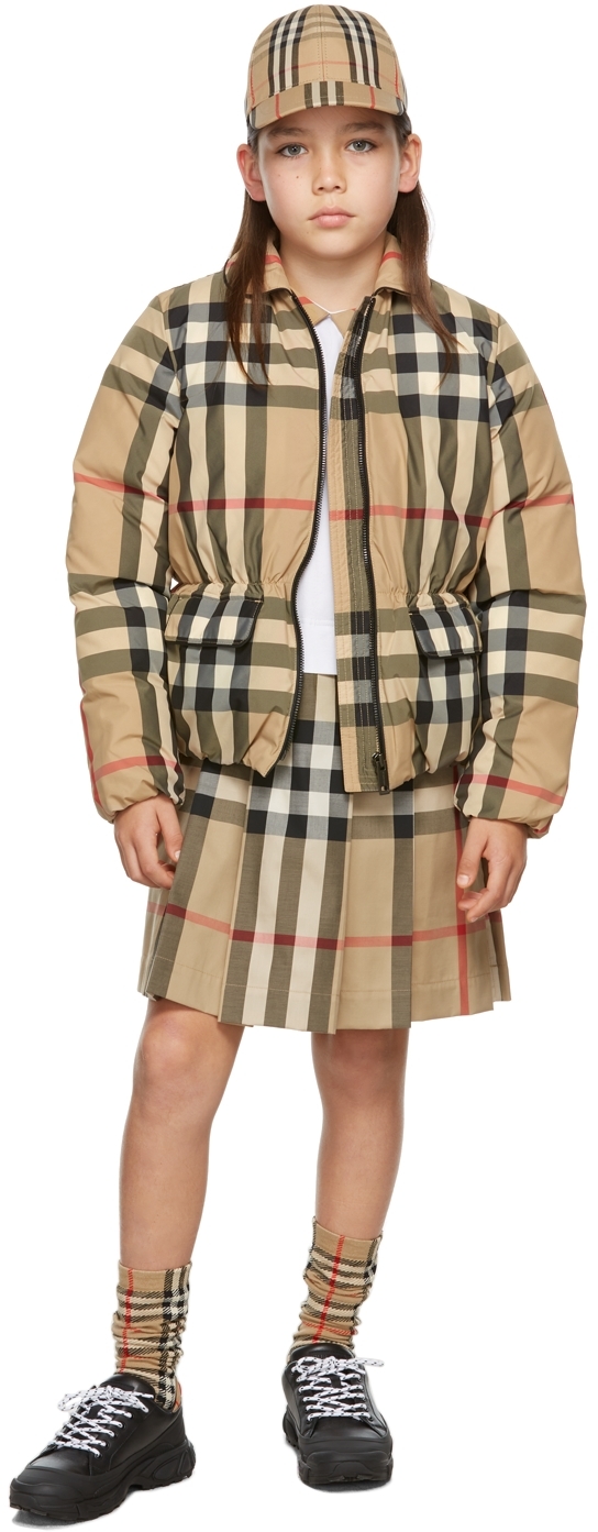 Kids Beige Down Check Cinched Waist Jacket by Burberry on Sale