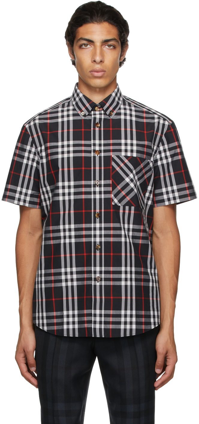 Burberry: Black Poplin Check Short Sleeve Shirt | SSENSE