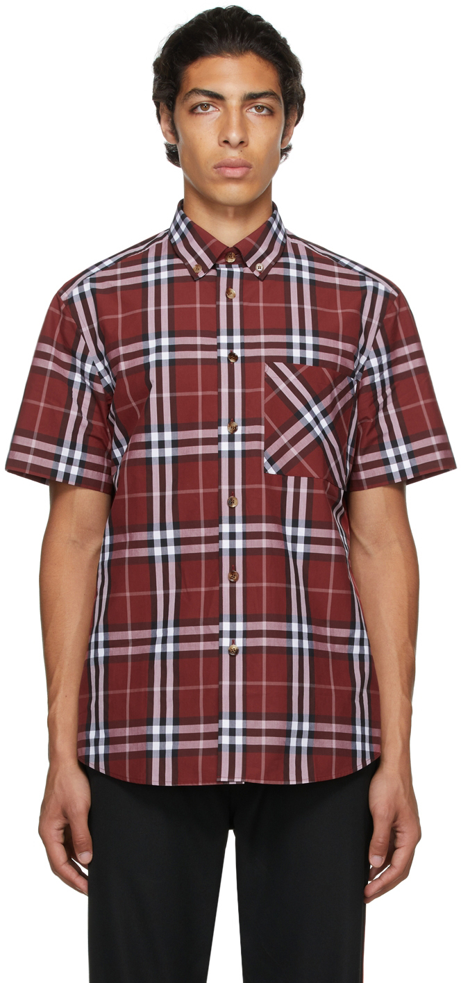Burberry: Red Poplin Check Short Sleeve Shirt | SSENSE