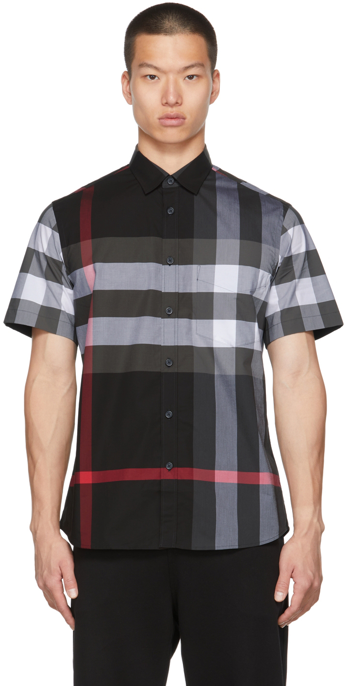 Burberry: Grey Poplin Check Stretch Short Sleeve Shirt | SSENSE