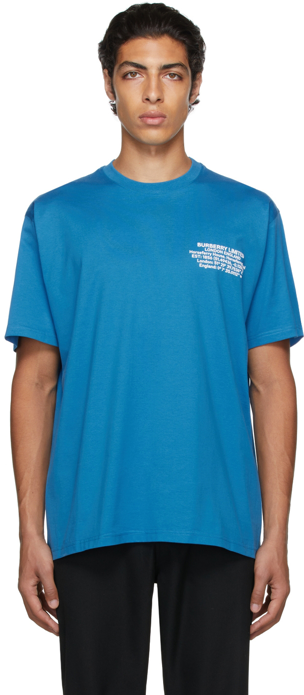 Burberry: Blue Oversized Location Print T-Shirt | SSENSE