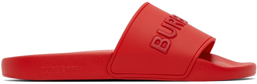 Burberry: Red Embossed Logo Slides | SSENSE