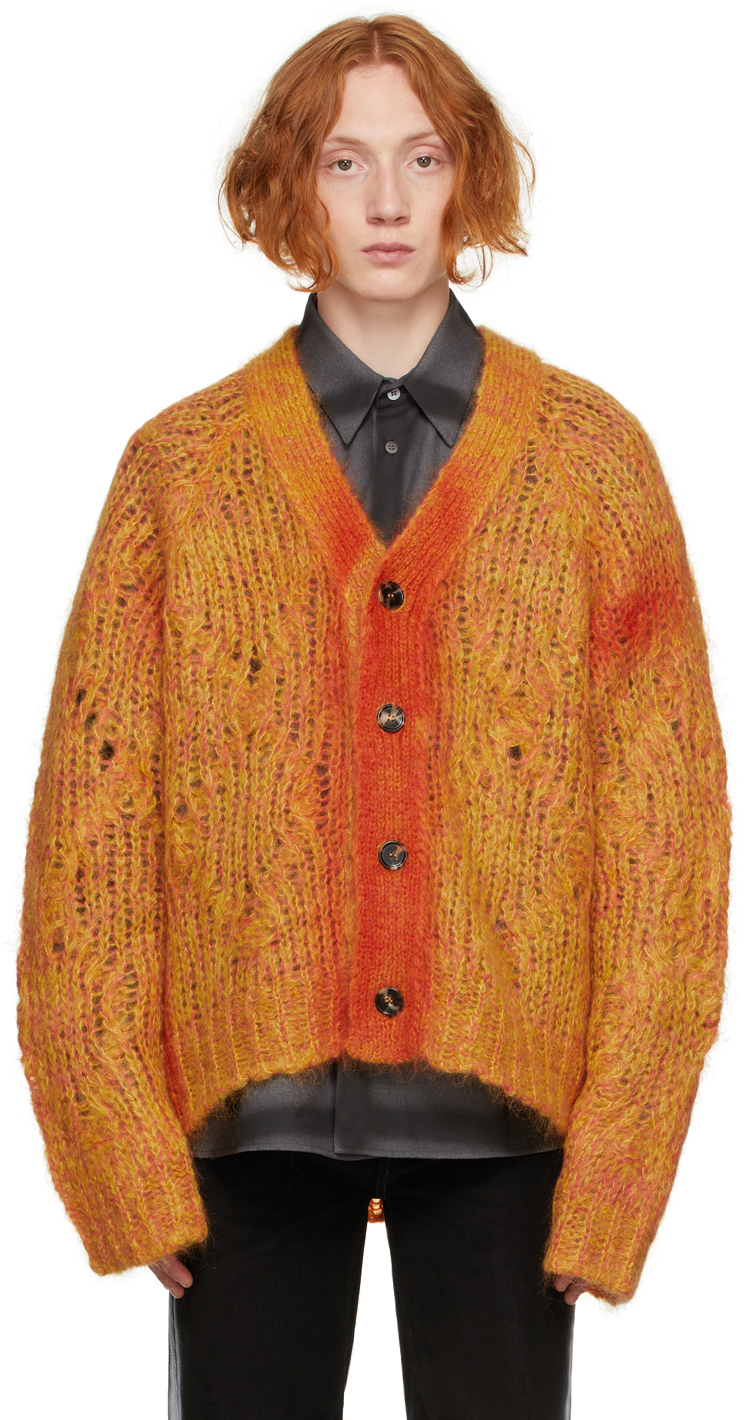 Orange Mohair Sprayed Lines Cardigan by Marni on Sale