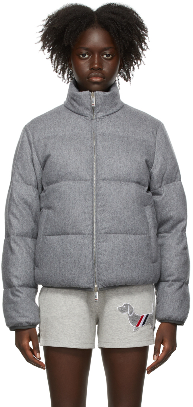 Thom Browne Reversible Grey Down Funnel Neck Zip-Up Jacket