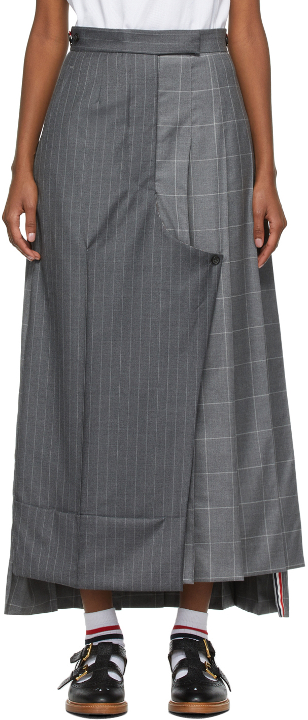 Thom Browne Grey Pinstripe & Windowpane Pleated Skirt