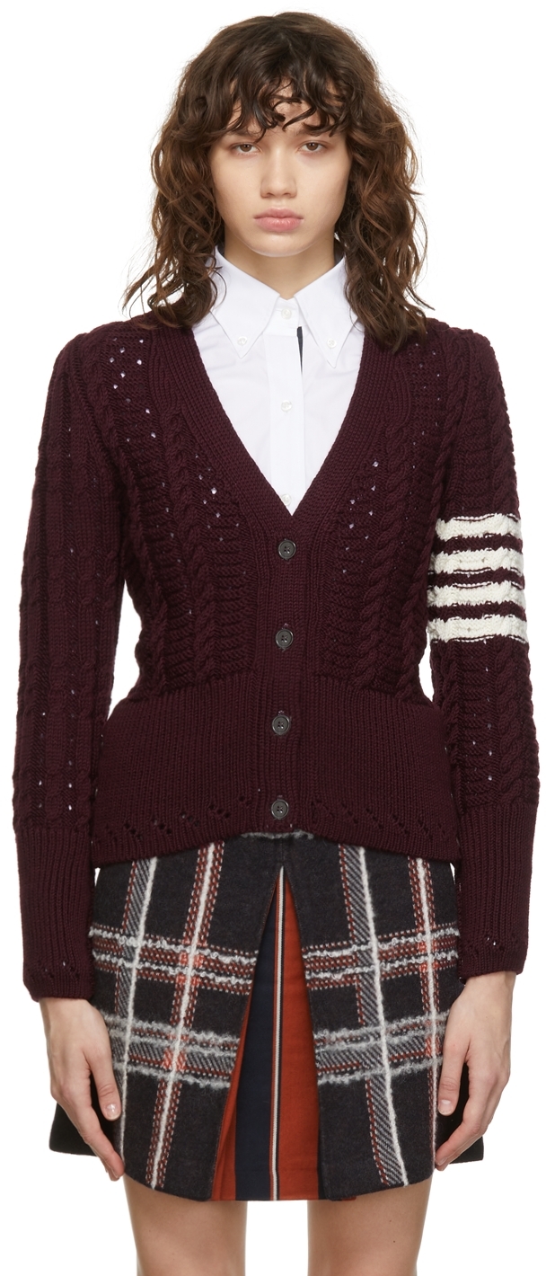 Thom Browne Burgundy Cable Classic-Fit 4-Bar Cardigan