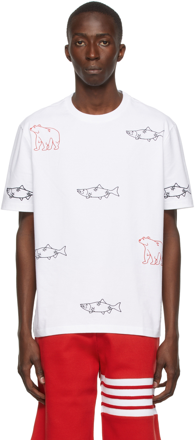 Thom Browne White Bear & Salmon Half Drop Embroidery T-Shirt