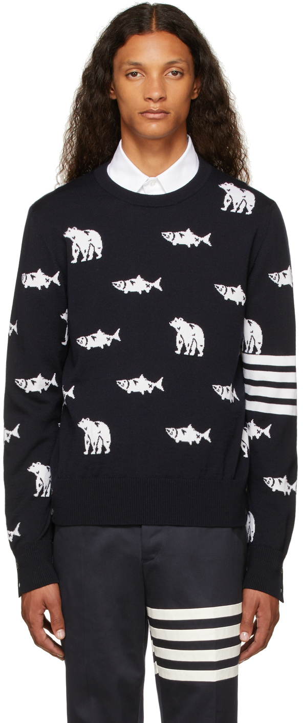 Thom Browne Navy Merino Bear & Salmon Sweater