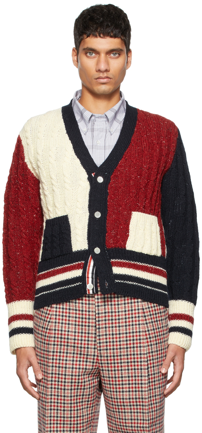 Thom Browne: Red \u0026 Navy Wool Cardigan 