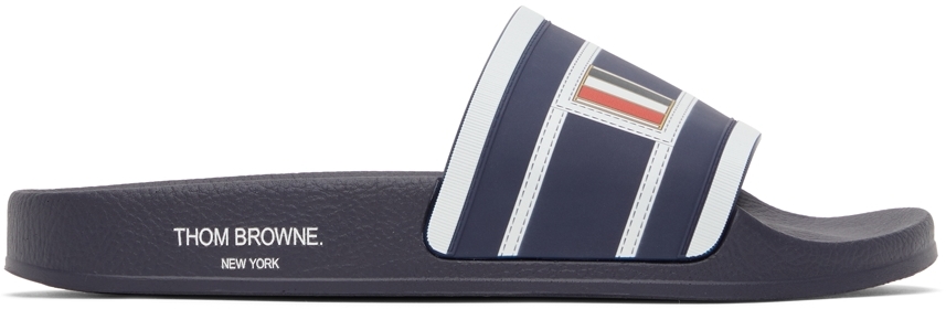 Thom Browne Navy Rubber Trompe L Oeil Slides Smart Closet