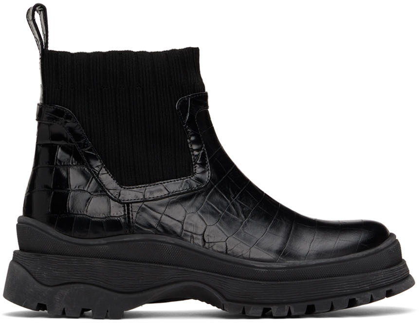 Black Croc-Embossed Bow Boots