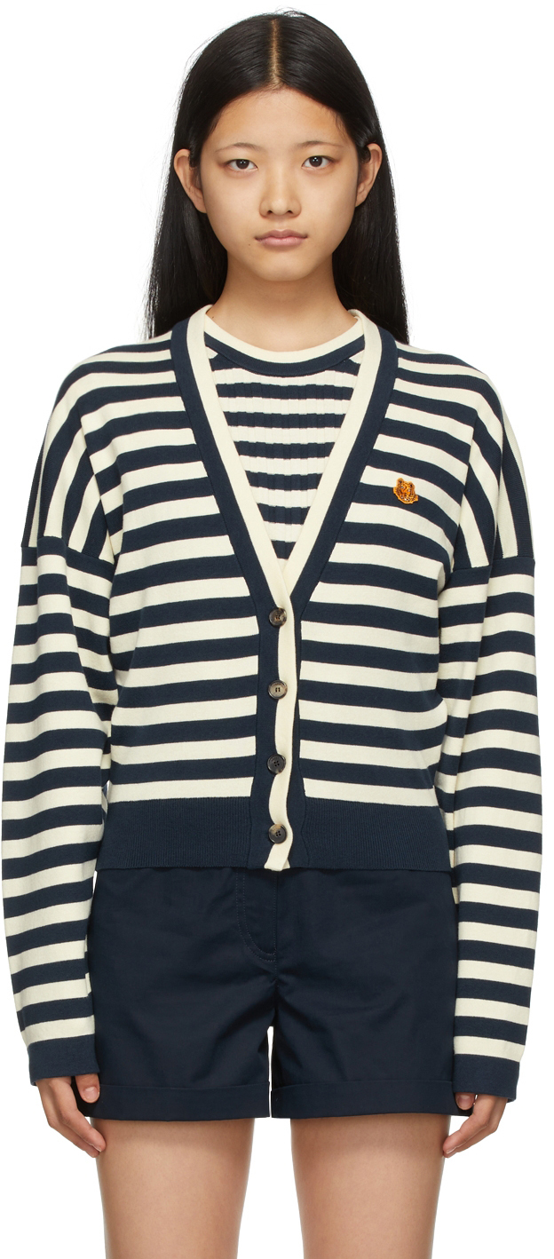 Navy & Off-White Striped Tiger Crest Cardigan