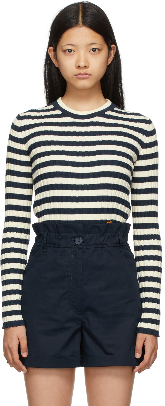 Kenzo Navy & Off-White Striped Tiger Crest Sweater