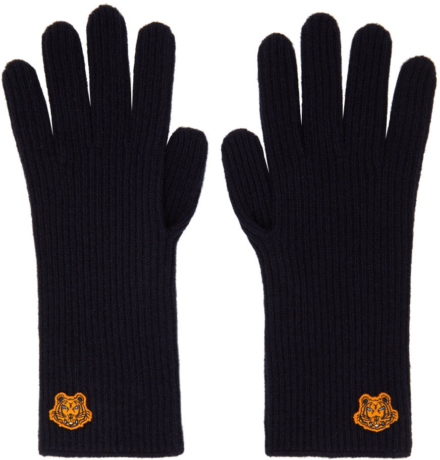 Navy Wool Tiger Crest Gloves