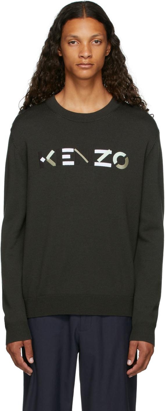 Kenzo Khaki Knit Embroidered Logo Sweater