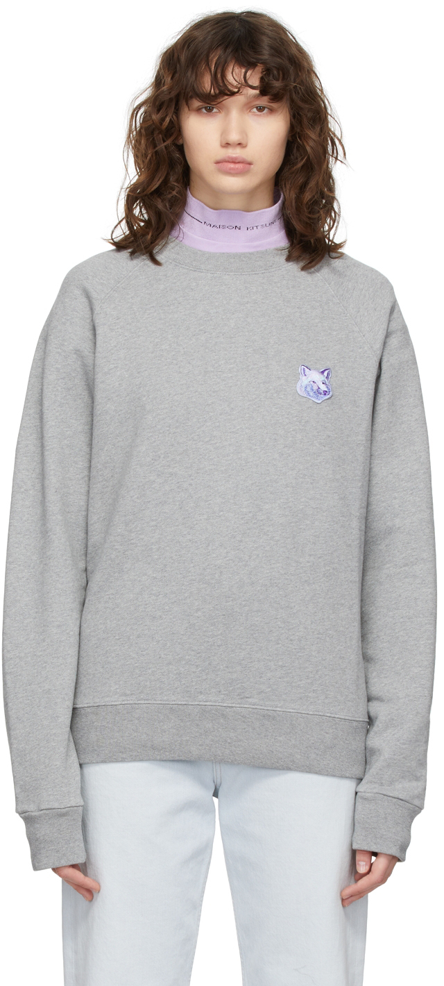 Grey Cool-Tone Fox Head Patch Sweatshirt