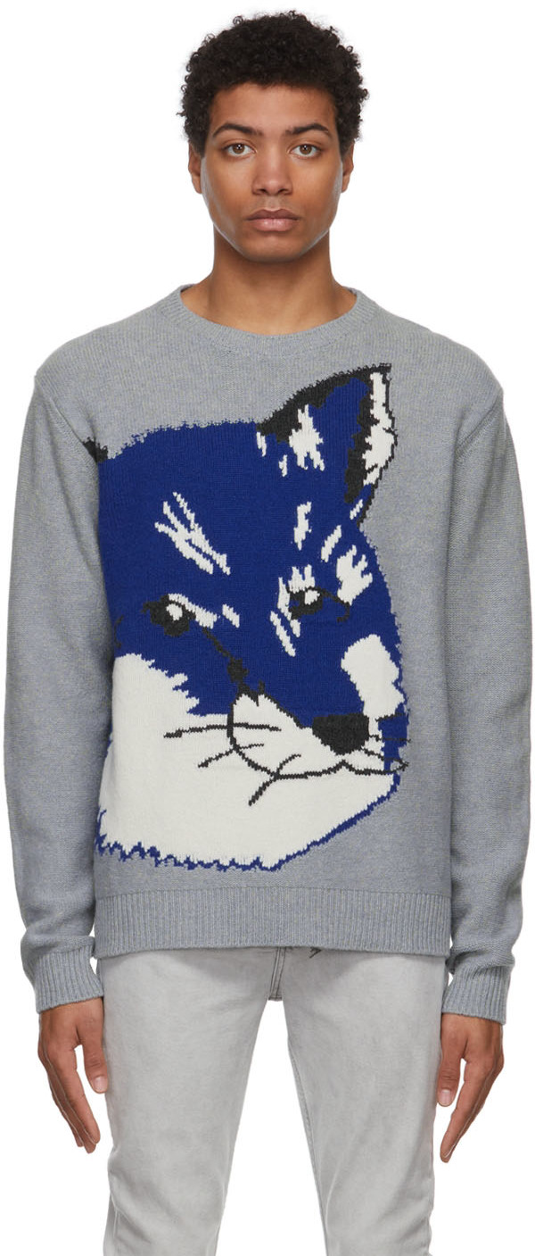 Grey Big Fox Head Jacquard Sweater