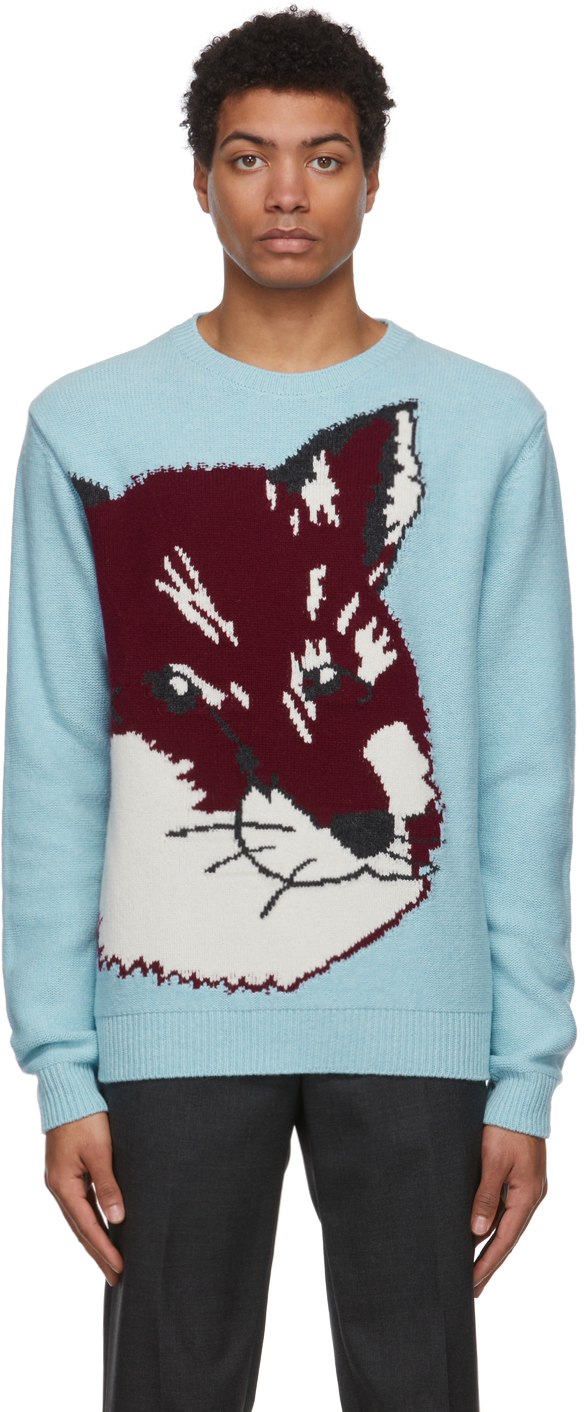 Blue Big Fox Head Jacquard Sweater