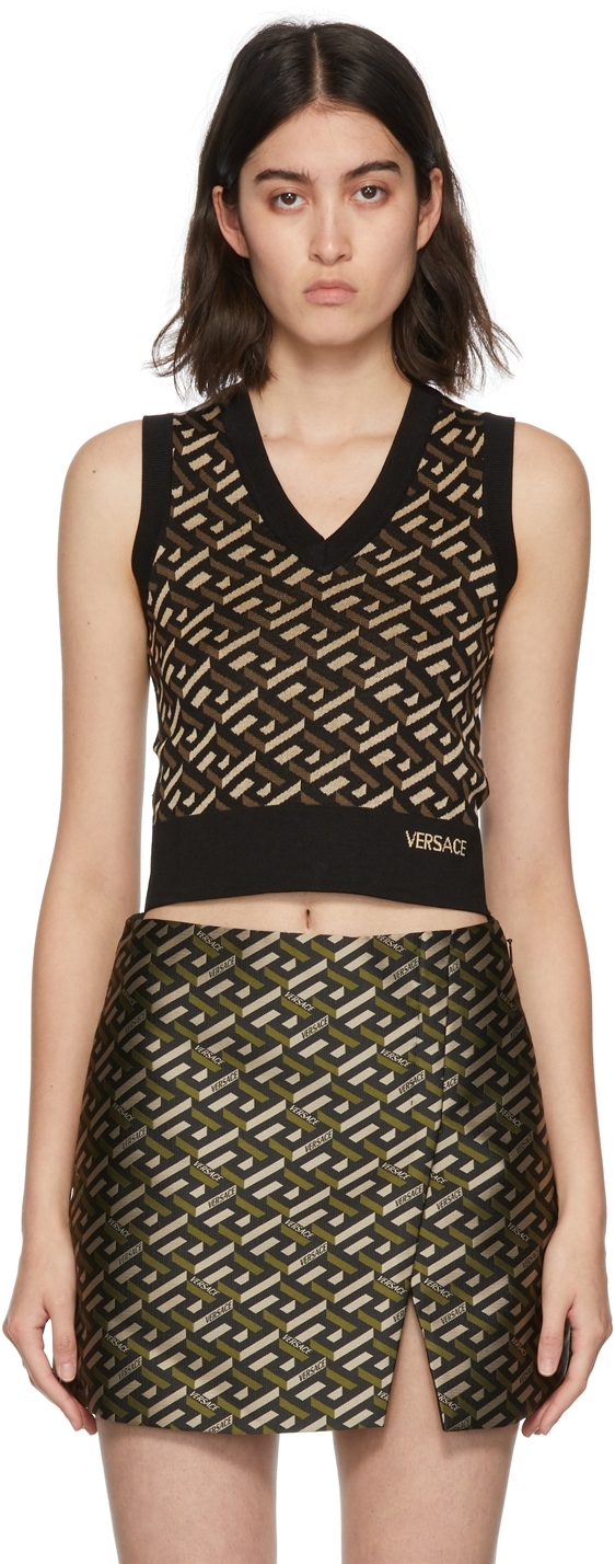 Versace Black & Khaki Monogram Jacquard Vest