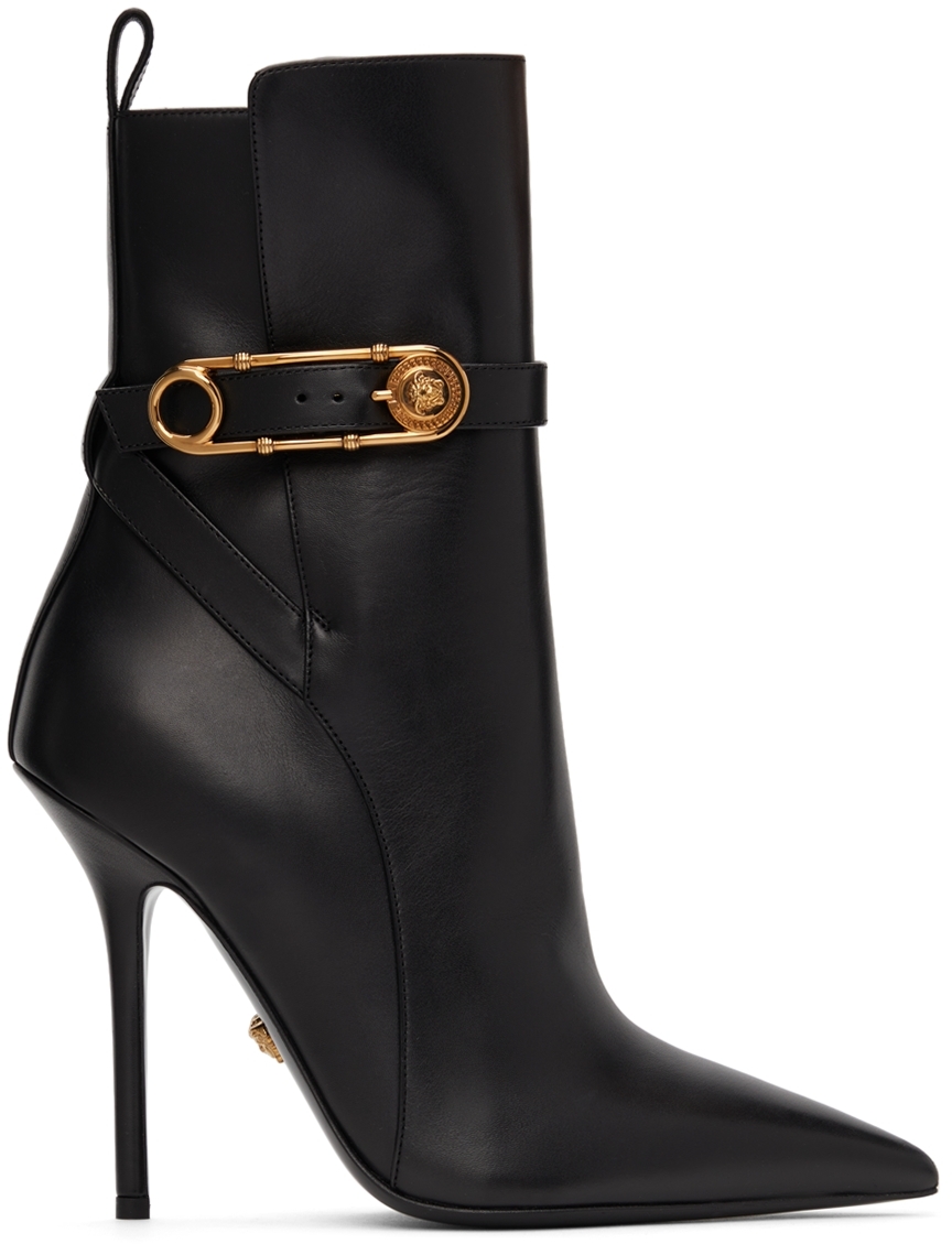 Versace Black Leather Safety Pin Boots
