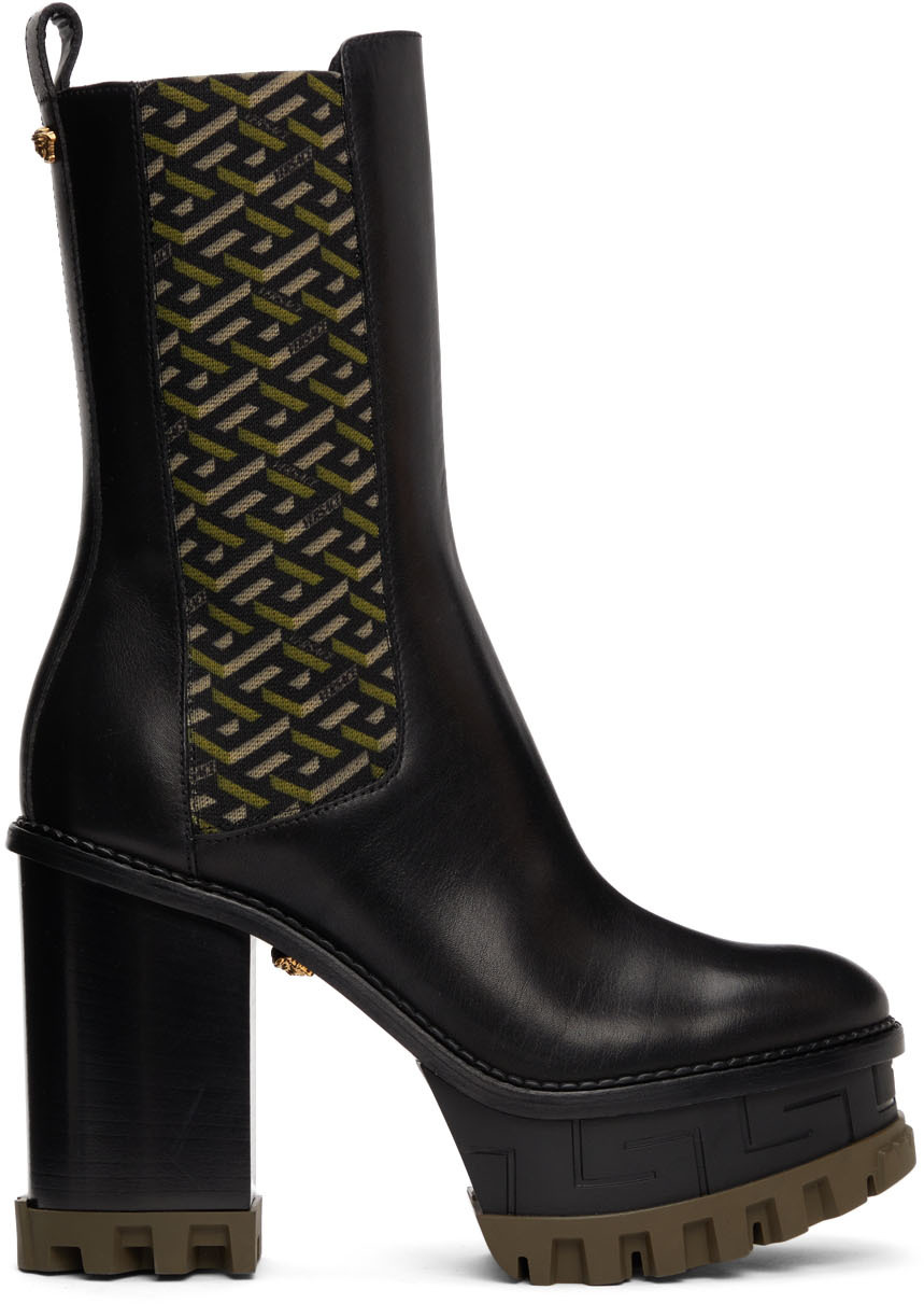 Versace Black & Khaki La Greca Boots