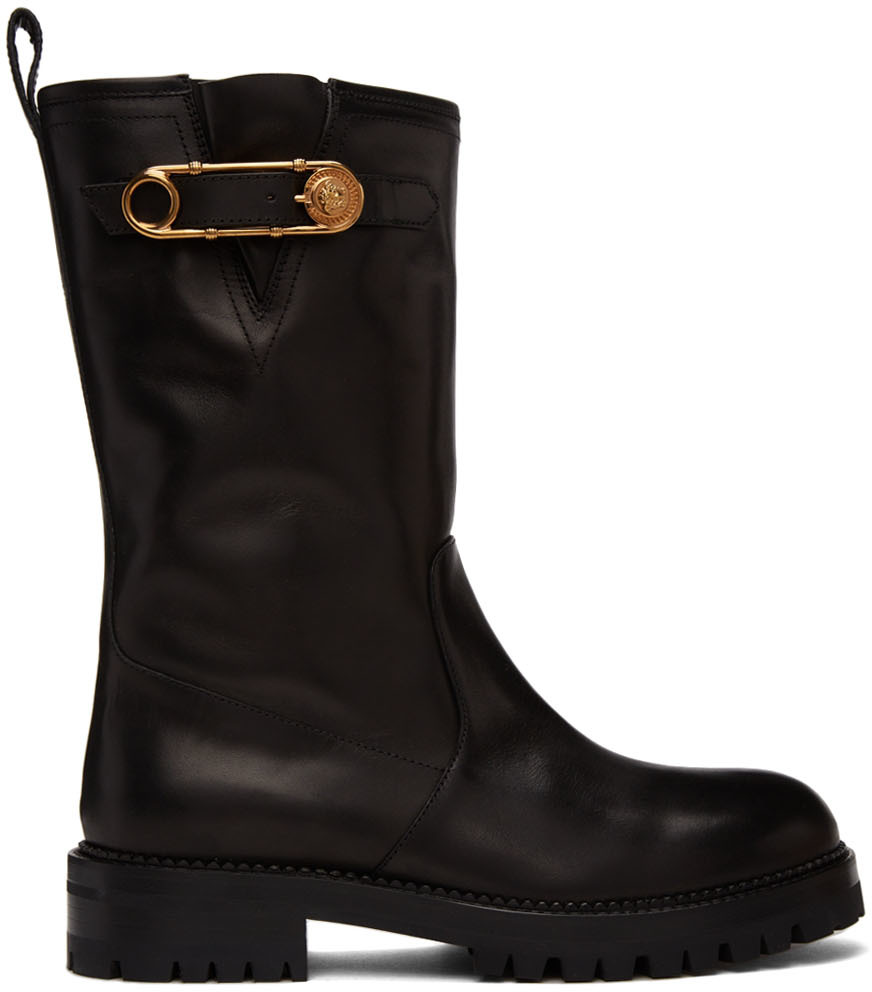 Versace Black Safety Pin Mid-Calf Boots