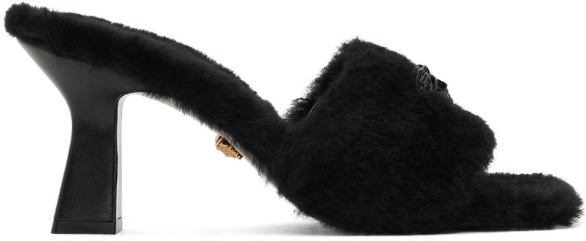 Versace Black Shearling 'La Medusa' Heeled Sandals
