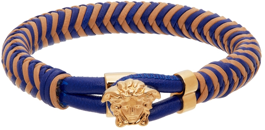 Ssense Uomo Accessori Gioielli Bracciali Blue & Beige Leather Medusa Bracelet 