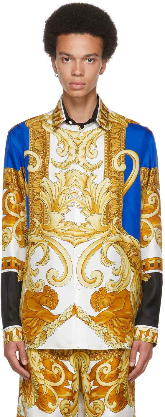 Versace: Blue & Gold Silk Medusa Renaissance Shirt | SSENSE Canada