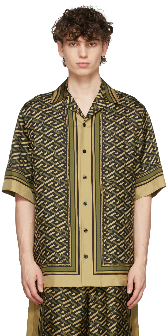 Versace Khaki Silk Jacquard Monogram Shirt