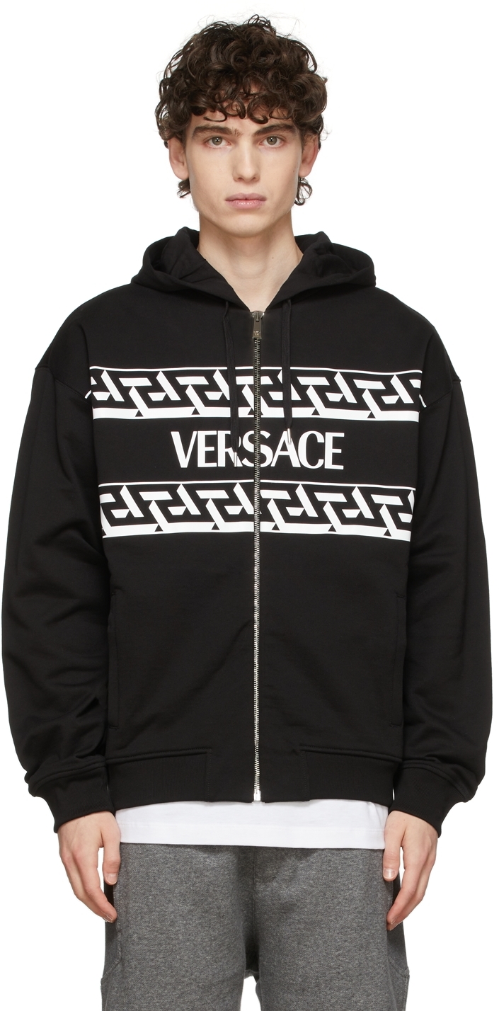 Versace Black Logo Graphic Zip-Up Hoodie