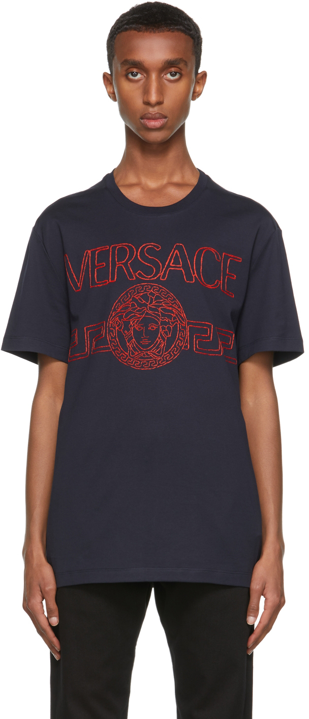Versace Navy Embroidered Medusa Logo T-Shirt