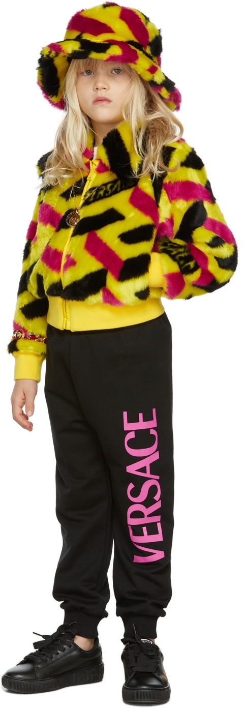 Versace Kids Yellow Faux-Fur 'La Greca' Jacket