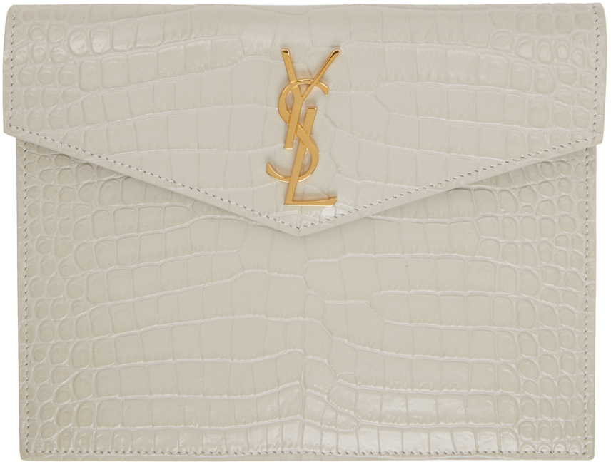 Saint Laurent Uptown Crocodile-embossed Pouch In White