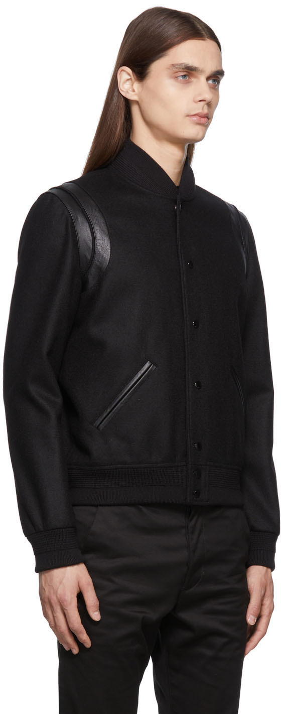 SAINT LAURENT Teddy Slim-Fit Leather-Trimmed Wool-Blend Bomber