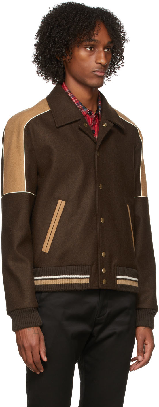 Saint Laurent Varsity Jacket In Green Wool With Sleeves In Cognac Leather