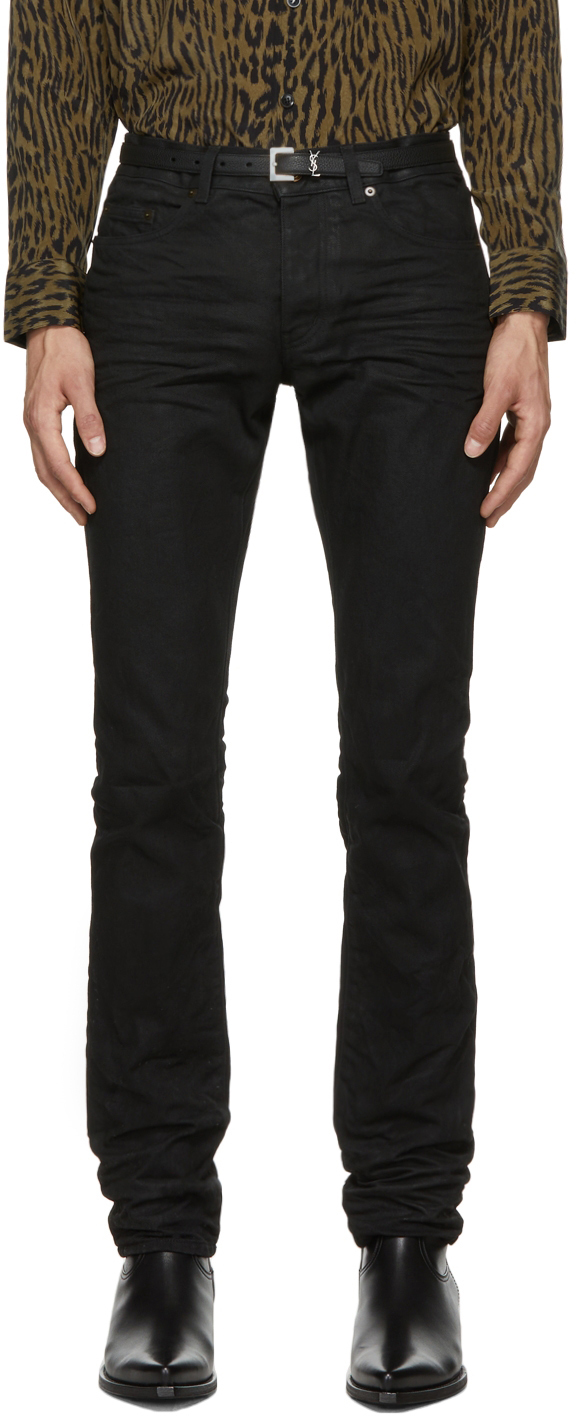 Black Oily Coated Slim-Fit Jeans