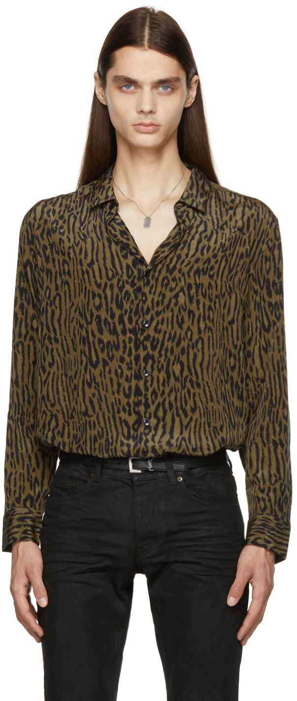 Saint Laurent Beige & Black Silk Leopard Print Shirt