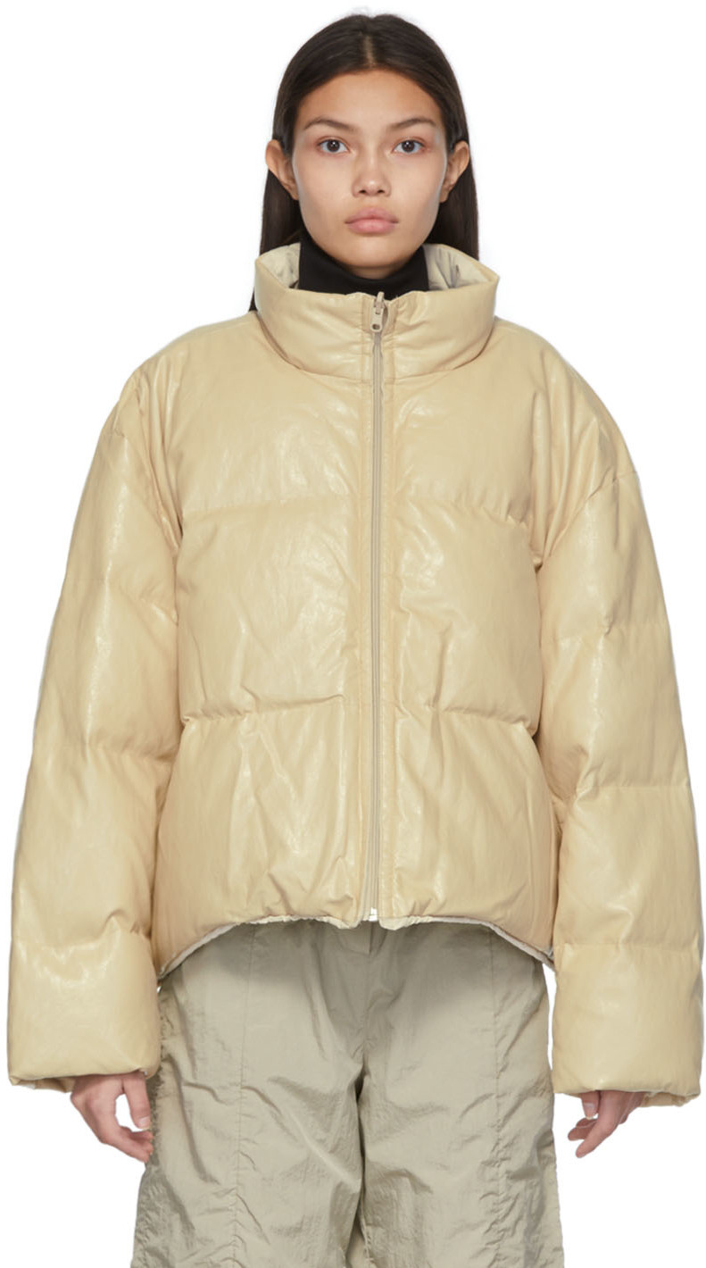 AMOMENTO Reversible Beige Down Vegan Leather Puffer Jacket | Smart