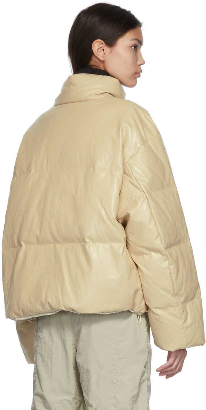 AMOMENTO Reversible Beige Down Vegan Leather Puffer Jacket | Smart