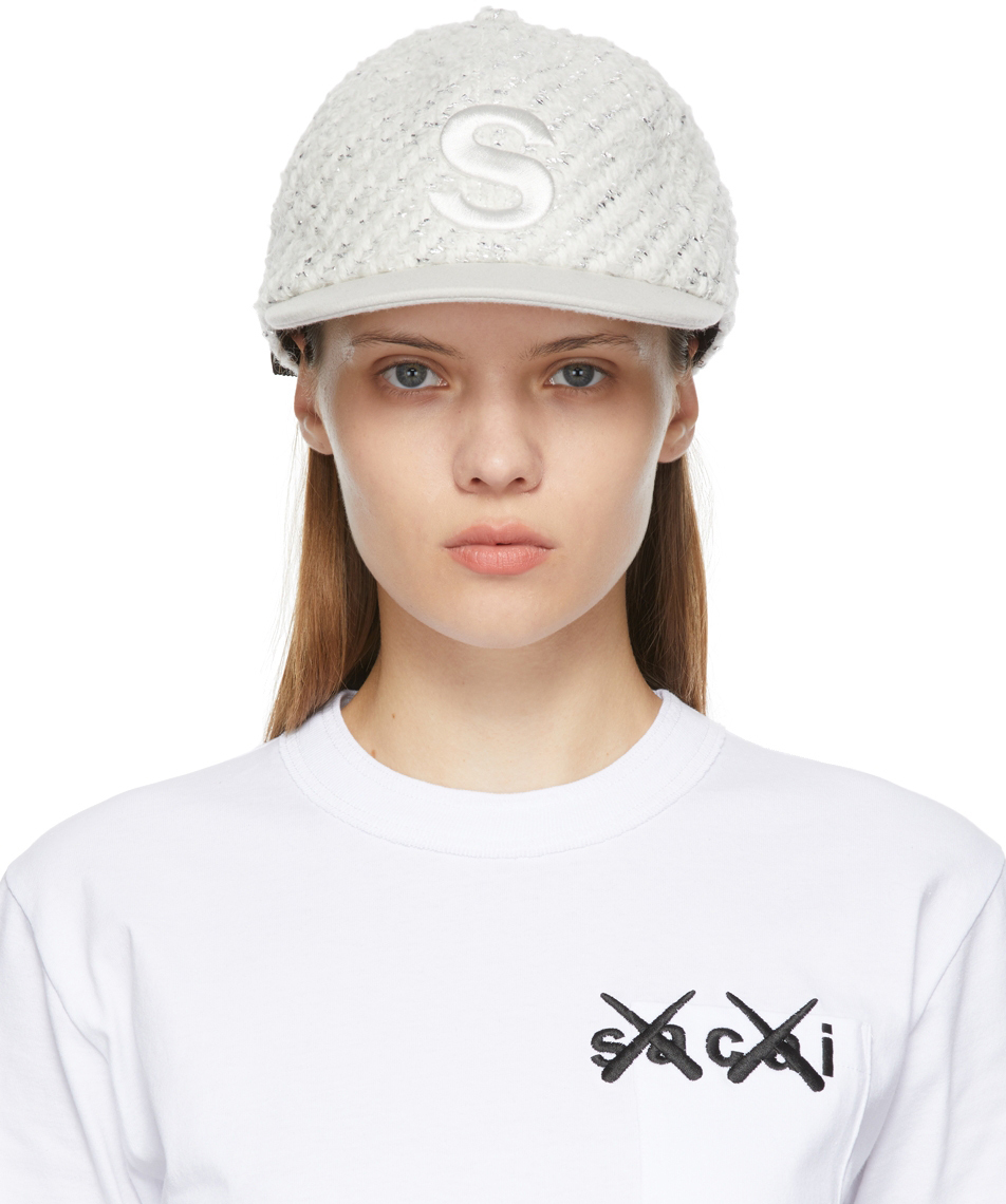 sacai Off-White & Silver Logo Tweed Cap