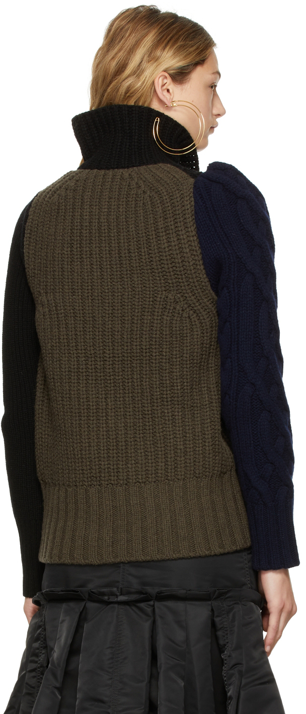 Sacai Black & Khaki Wool Knit Zip-Up Sweater | Smart Closet
