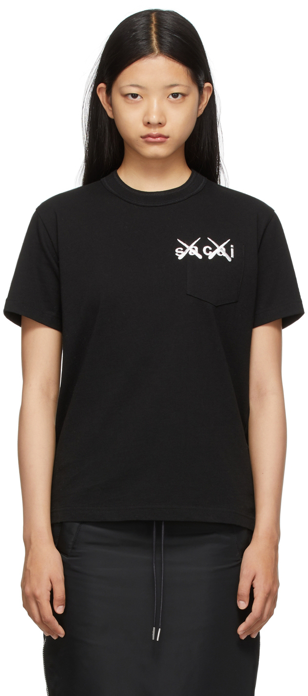 sacai: Black KAWS Edition Embroidery T-Shirt | SSENSE