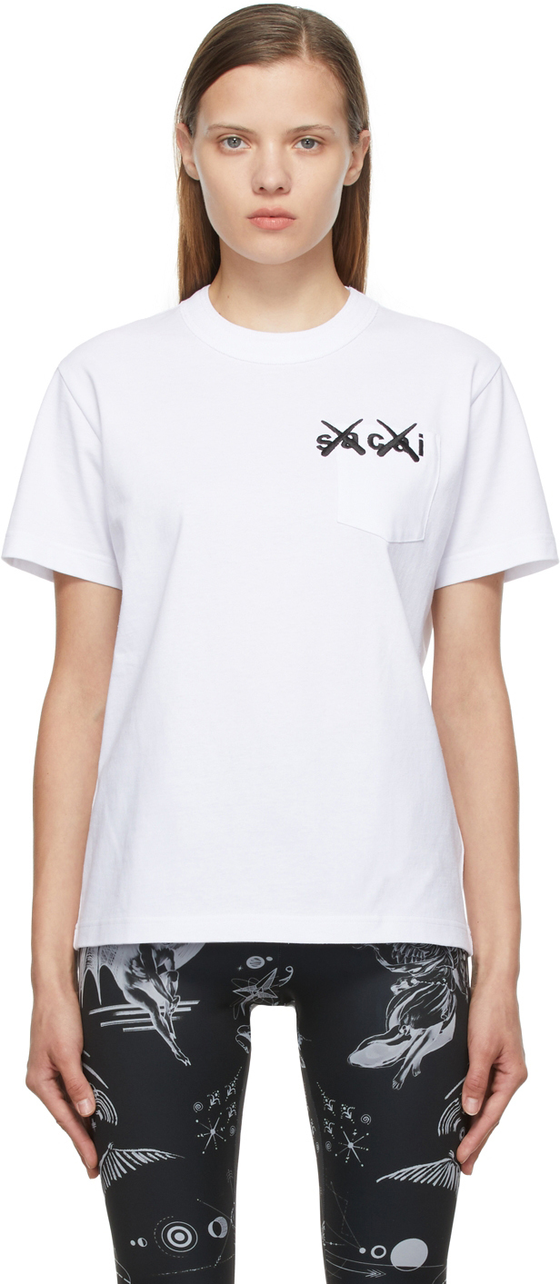 sacai: White KAWS Edition Embroidery T-Shirt | SSENSE Canada