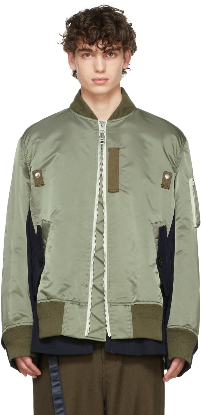 Sacai Khaki & Navy Wool & Nylon Bomber Jacket | Smart Closet