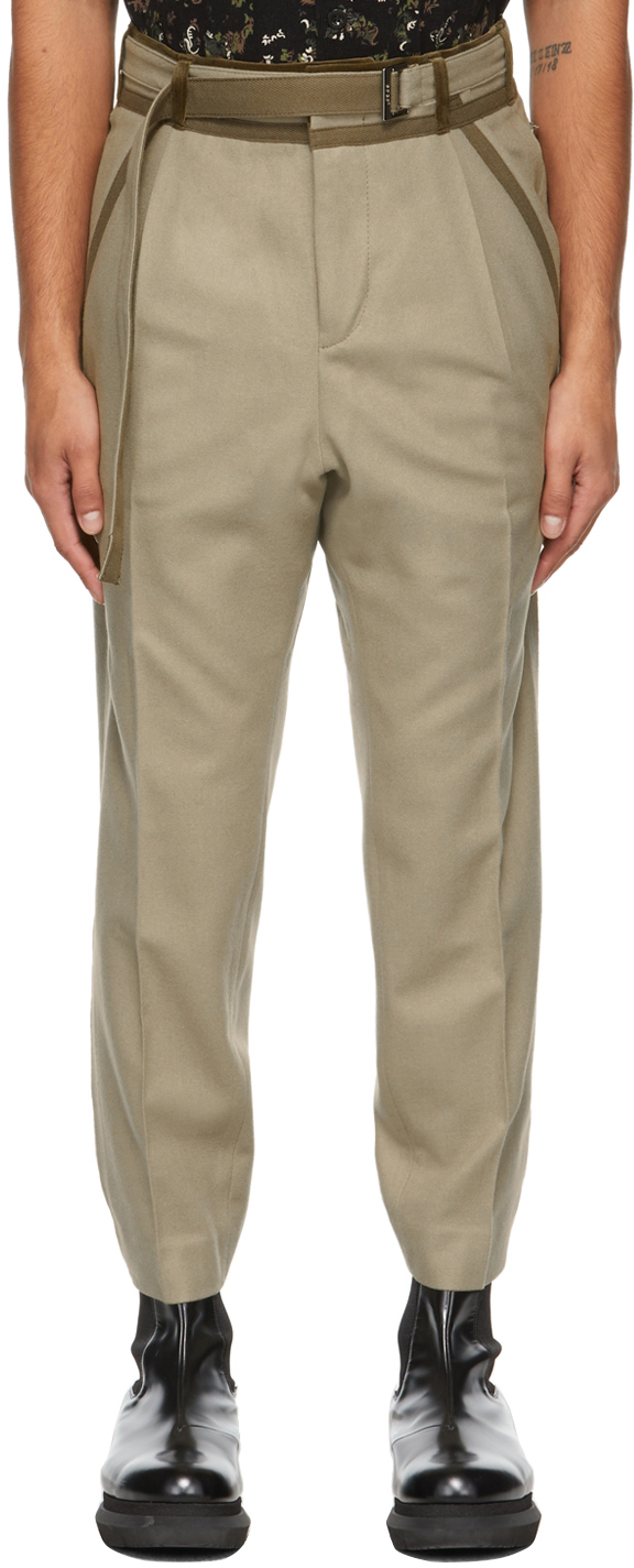 Slacks and Chinos Slacks and Chinos Sacai Trousers Sacai Wool Khaki Belted Trousers in Green for Men Mens Trousers 