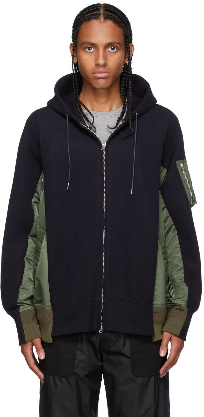 Sacai Navy & Khaki Sponge Sweat MA-1 Zip-Up Hoodie | Smart Closet