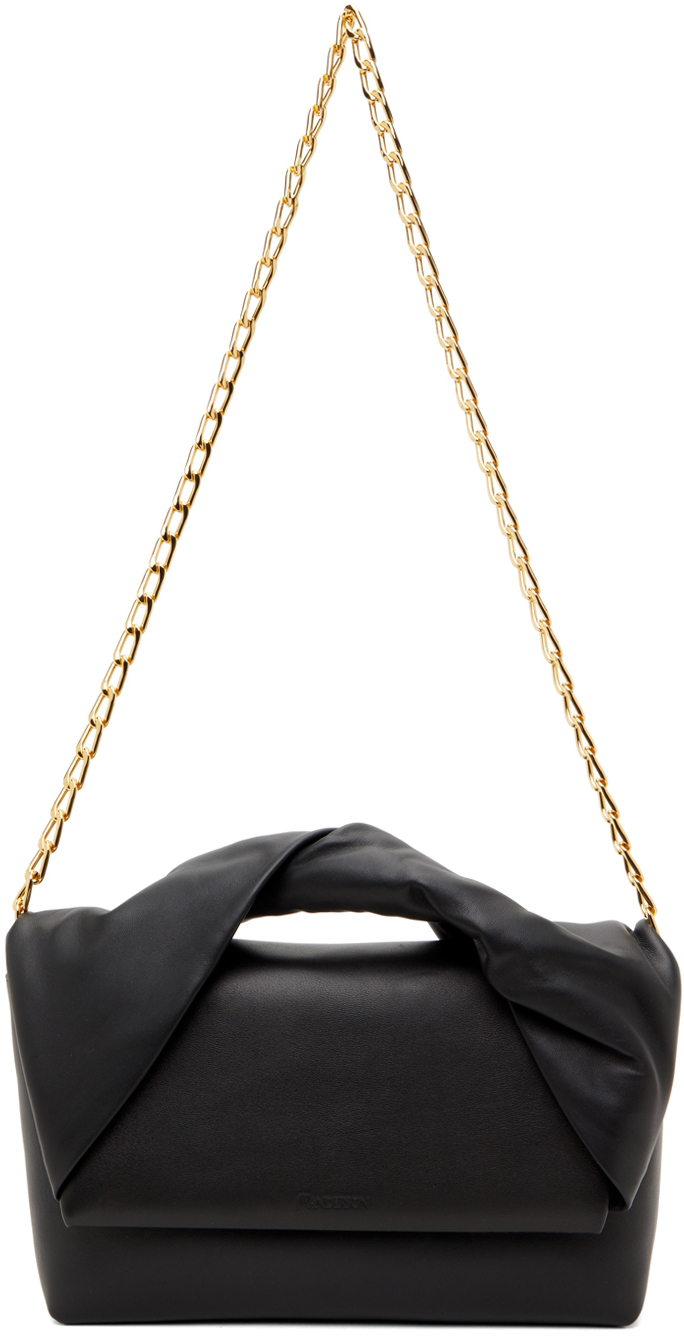 Twisted Midi Leather Shoulder Bag in Black - JW Anderson