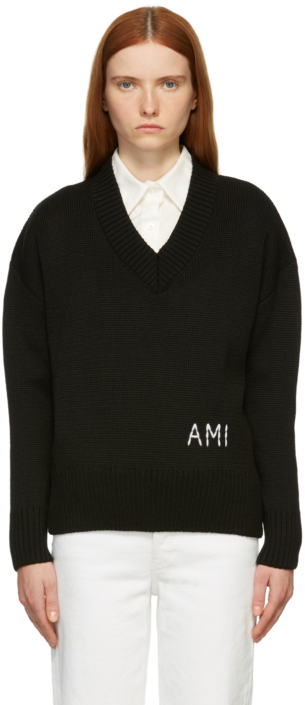 AMI Alexandre Mattiussi Black Knit Oversize V-Neck Sweater