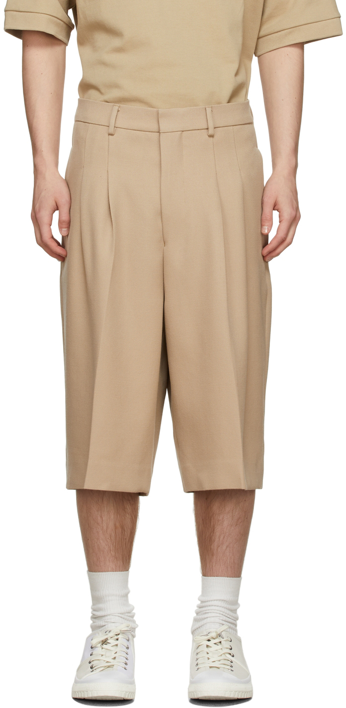 Beige Pleated Large Bermuda Shorts by 